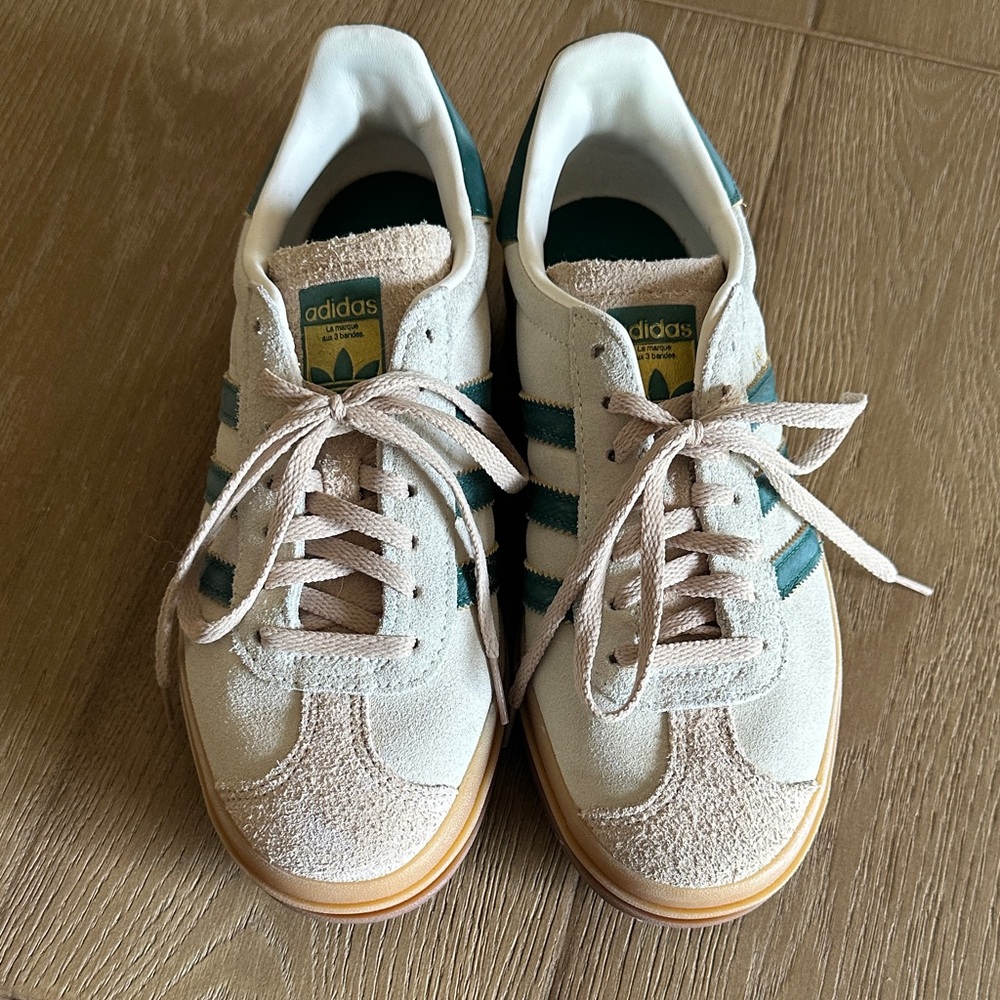 Adidas cream and green platform gazelles